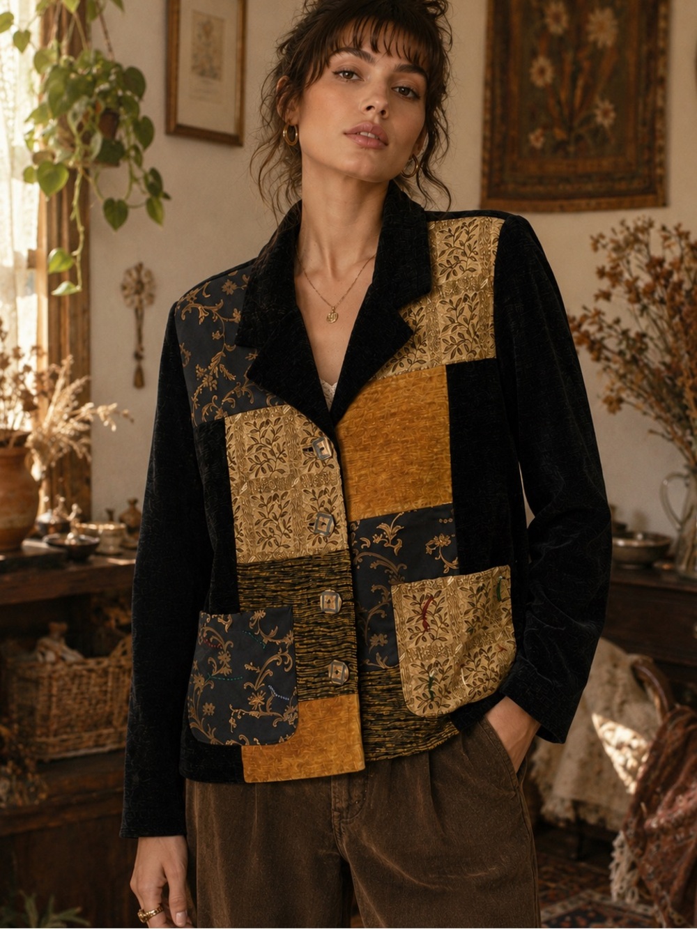 Julia Kim Vintage Boho Patchwork Tapestry Chenille Eclectic Jacket Size S